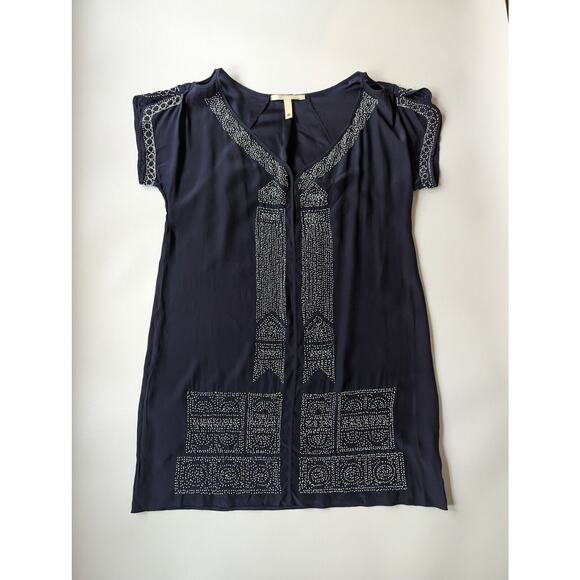 Burning Torch Anthropologie Sz Large Navy Beaded Silk Short Dress Bohemian - Picture 1 of 9